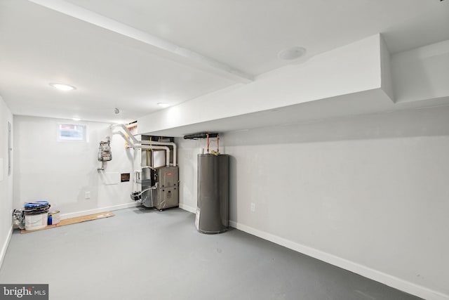 basement with heating unit and water heater