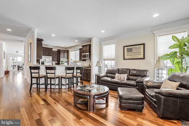 living room featuring light wood-type flooring and crown molding