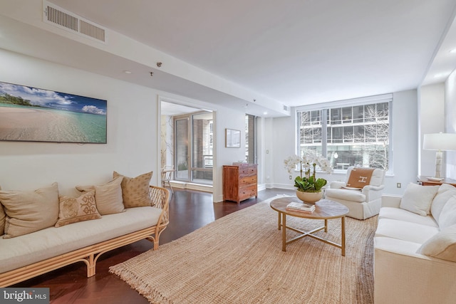 living room with dark hardwood / wood-style floors