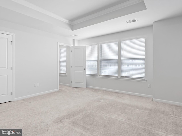 carpeted empty room with crown molding and a tray ceiling