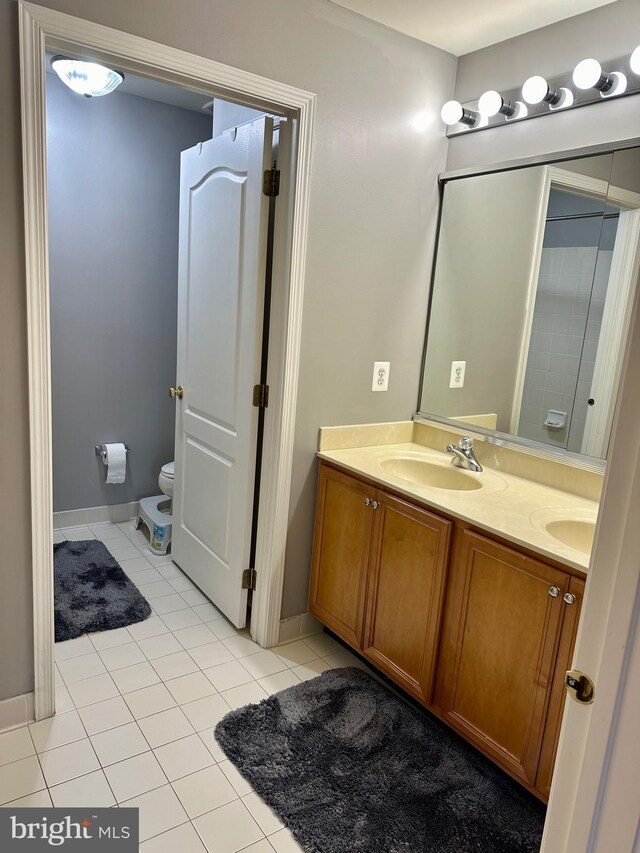 bathroom featuring tile patterned floors, vanity, and toilet