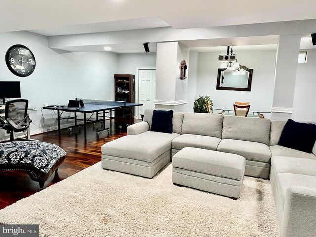 living room with dark wood-type flooring