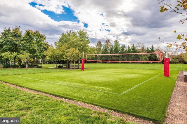 view of property's community with volleyball court and a yard