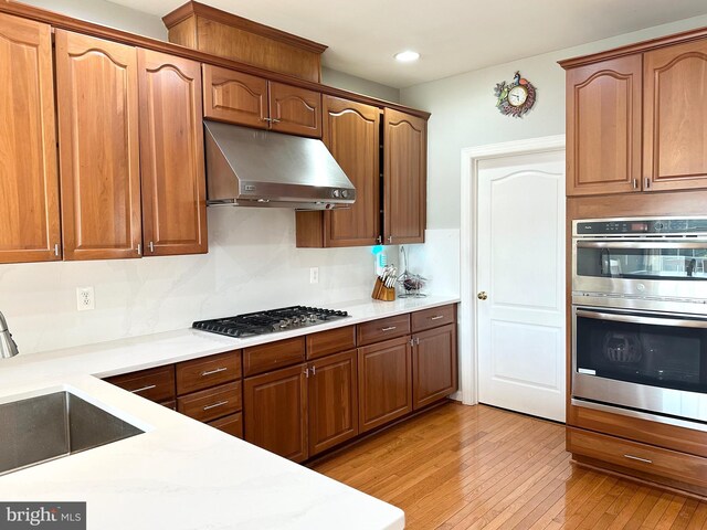 kitchen with backsplash, sink, light hardwood / wood-style floors, and appliances with stainless steel finishes