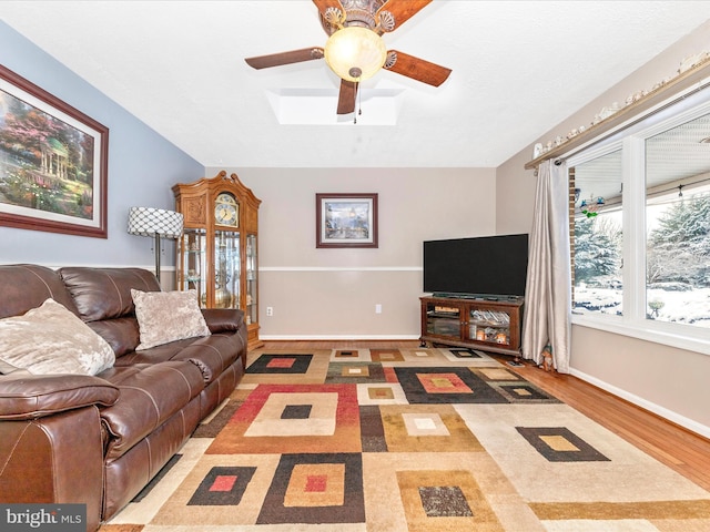 living room with ceiling fan and wood-type flooring