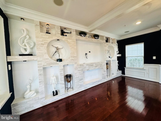 interior space featuring wood-type flooring, crown molding, and a fireplace