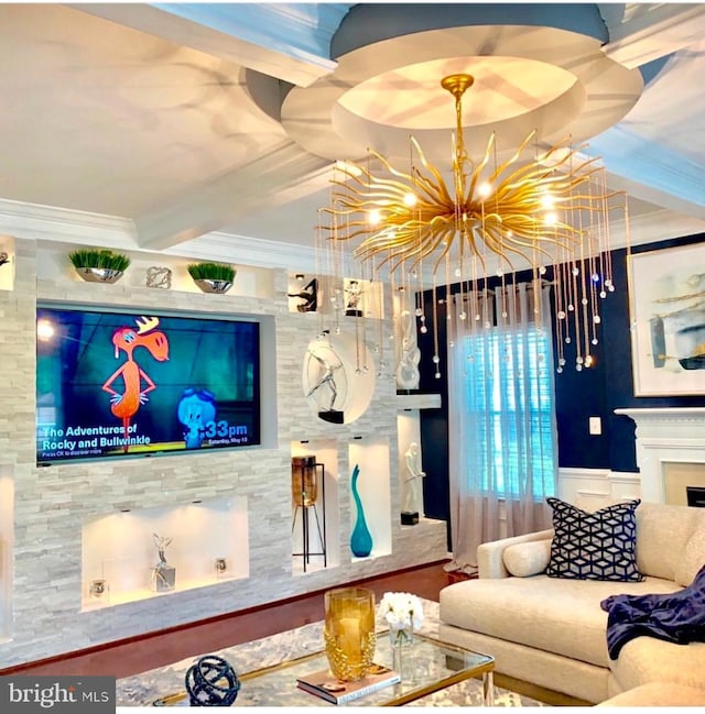 interior space featuring beamed ceiling, crown molding, and a chandelier