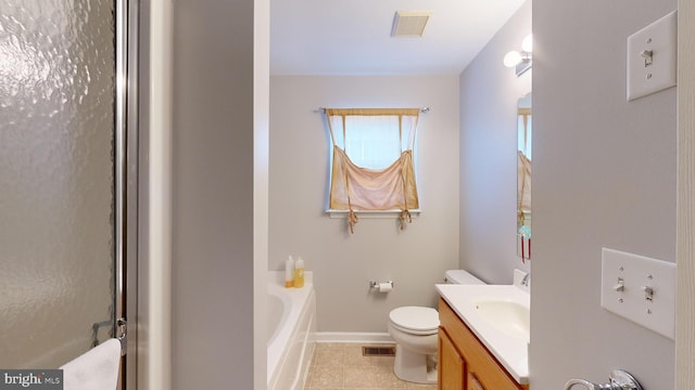 full bathroom featuring vanity, toilet, separate shower and tub, and tile patterned flooring