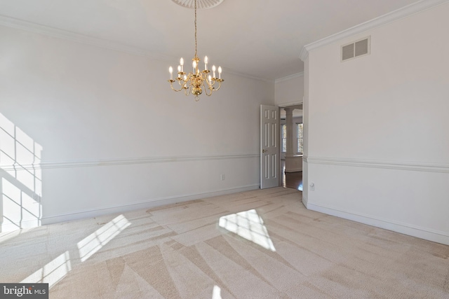 unfurnished dining area featuring ornamental molding, carpet flooring, visible vents, and baseboards