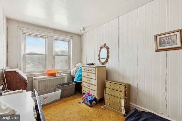 bedroom with light colored carpet