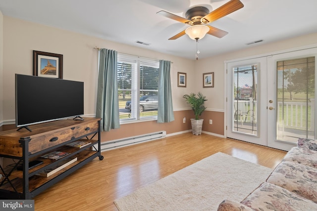 living room featuring french doors, a baseboard radiator, ceiling fan, and light hardwood / wood-style floors