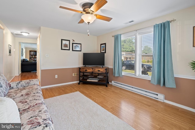 living room featuring ceiling fan, light wood-type flooring, and a baseboard radiator