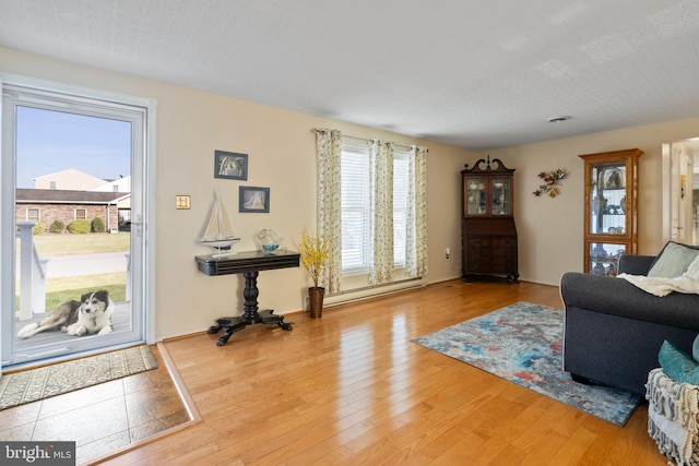 living room featuring a baseboard radiator and light wood-type flooring