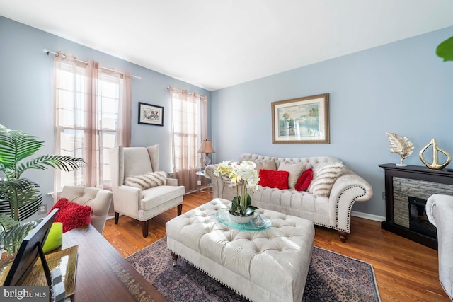 living room with a fireplace and wood-type flooring