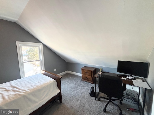 bedroom featuring carpet flooring and lofted ceiling