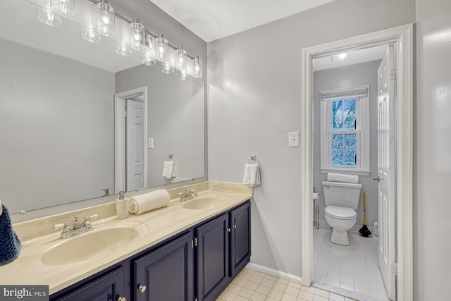 bathroom featuring toilet, vanity, and tile patterned flooring