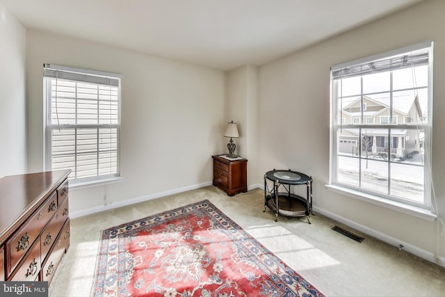 sitting room featuring light colored carpet and plenty of natural light