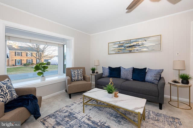 living room featuring light colored carpet and ornamental molding