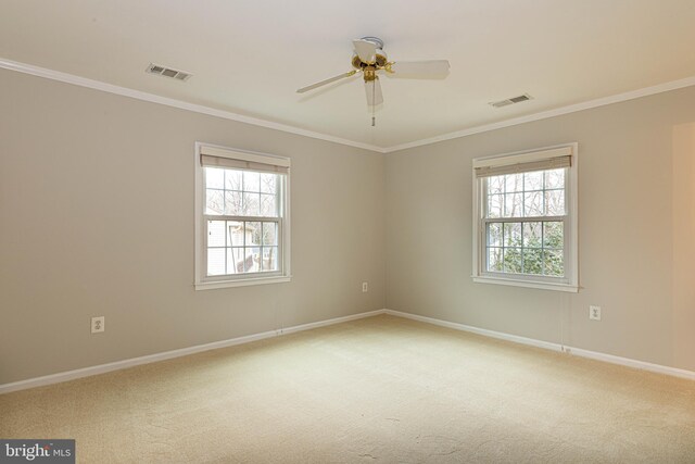 carpeted spare room featuring ornamental molding and ceiling fan