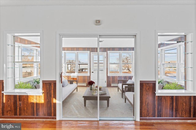 doorway to outside featuring a baseboard radiator, hardwood / wood-style floors, and wood walls