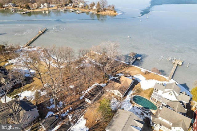 aerial view featuring a water view