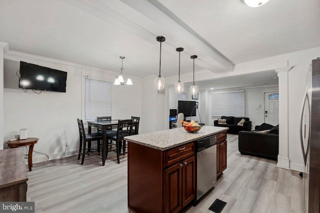 kitchen with light stone countertops, stainless steel appliances, light hardwood / wood-style flooring, beamed ceiling, and decorative light fixtures