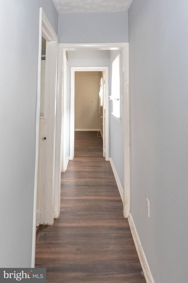 hallway with a textured ceiling and dark hardwood / wood-style floors