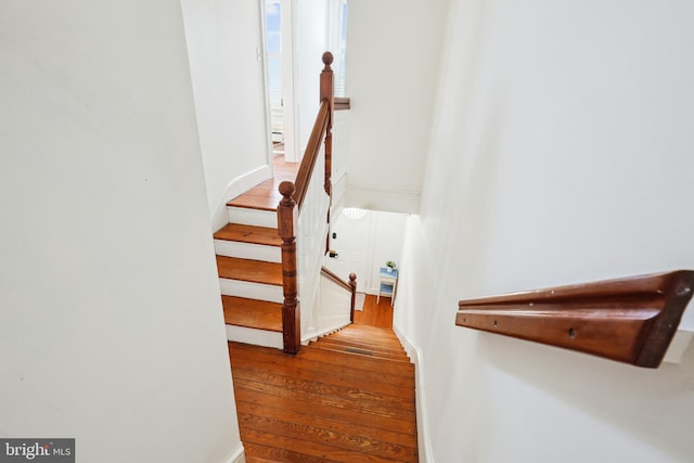 staircase with hardwood / wood-style floors