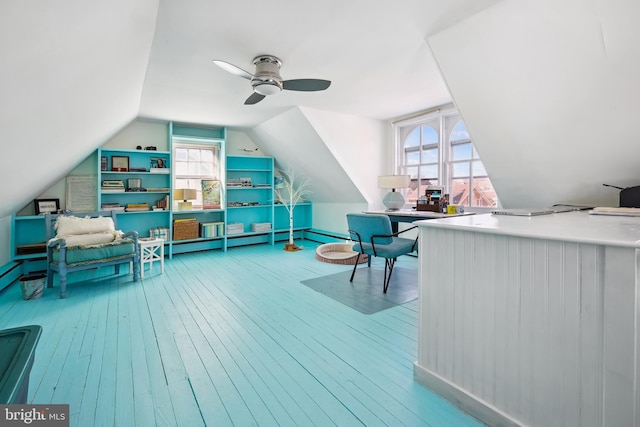 game room featuring ceiling fan, vaulted ceiling, and hardwood / wood-style flooring