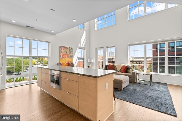 kitchen featuring a center island, light hardwood / wood-style flooring, stainless steel microwave, and a healthy amount of sunlight