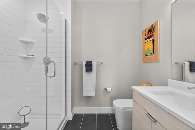 bathroom with walk in shower, tile patterned flooring, vanity, and toilet