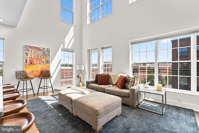 living room with a towering ceiling, a healthy amount of sunlight, and hardwood / wood-style flooring