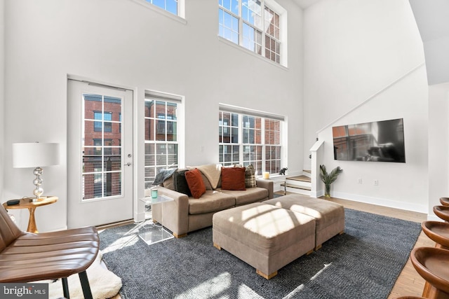 living room with hardwood / wood-style floors and a high ceiling