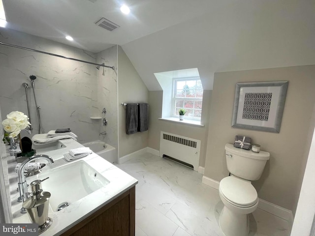 full bathroom with radiator, vanity, toilet, tiled shower / bath, and lofted ceiling