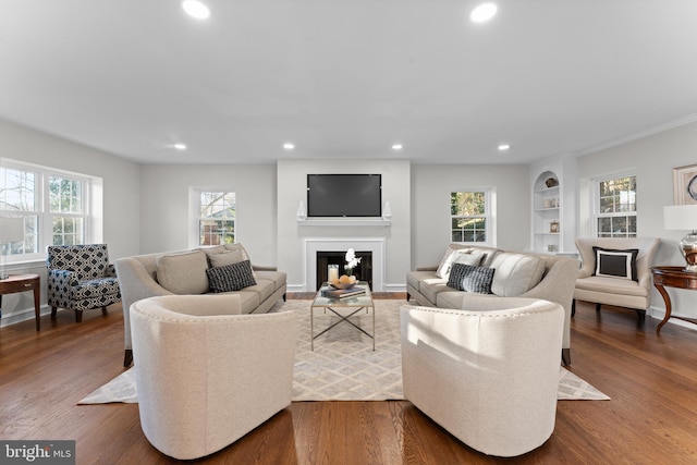 living room featuring dark hardwood / wood-style flooring and built in features