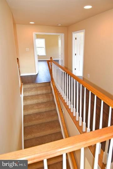 stairway with hardwood / wood-style flooring