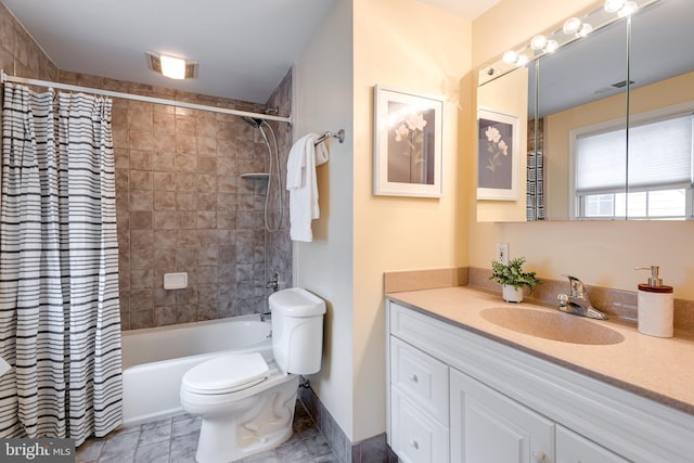 full bathroom with toilet, vanity, and shower / bath combination with curtain