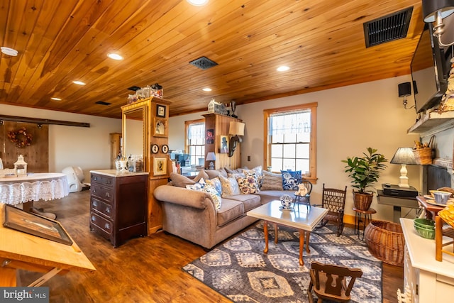 living room with dark hardwood / wood-style floors and wood ceiling