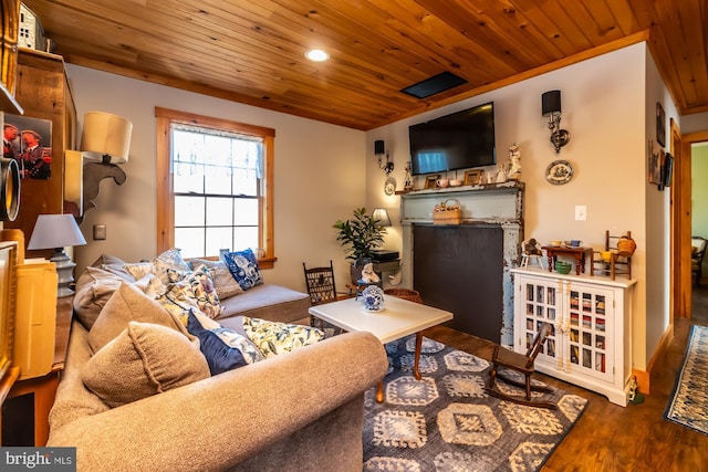 living room with wood ceiling and dark wood-type flooring