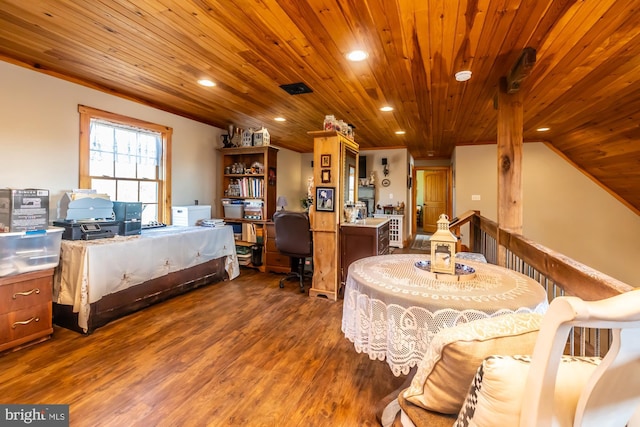 dining space with dark hardwood / wood-style floors, wood ceiling, and lofted ceiling