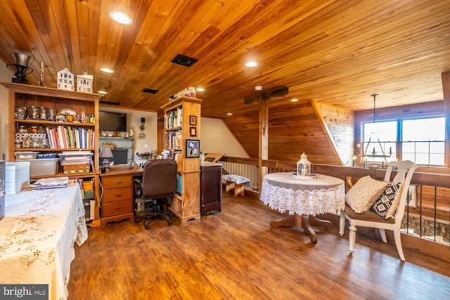 office area featuring hardwood / wood-style floors, wooden ceiling, and vaulted ceiling