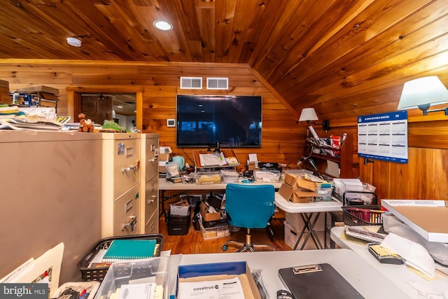 office featuring lofted ceiling, wood walls, and wood ceiling