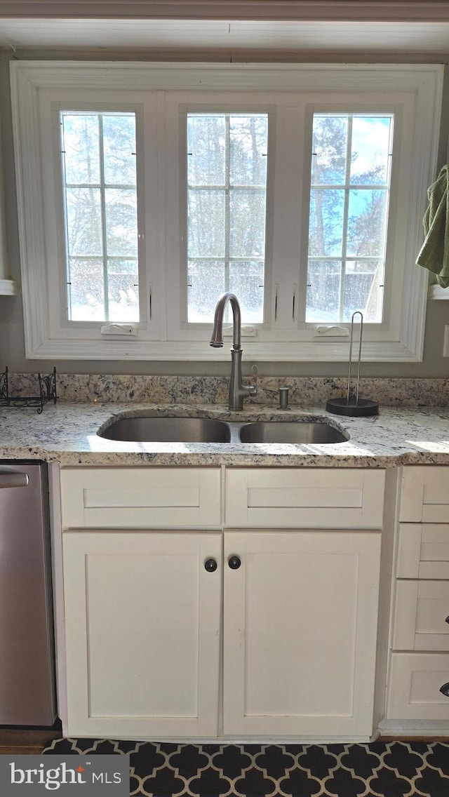 kitchen featuring a healthy amount of sunlight, sink, white cabinets, and stainless steel dishwasher