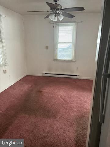 unfurnished room with carpet floors, ceiling fan, and a baseboard radiator