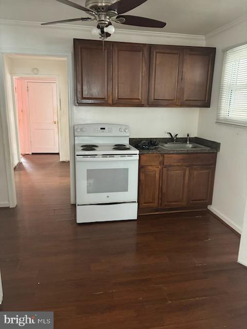 kitchen featuring dark wood-type flooring, white range with electric stovetop, sink, ceiling fan, and crown molding