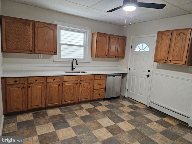 kitchen featuring sink, ceiling fan, stainless steel dishwasher, and a wealth of natural light