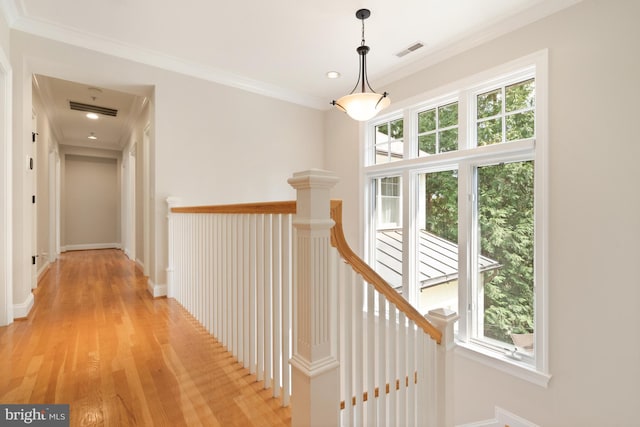 hall with light wood-type flooring, a wealth of natural light, and ornamental molding