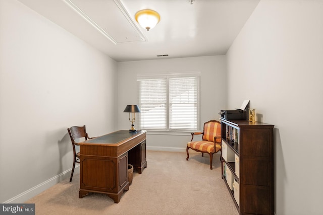 home office with light colored carpet