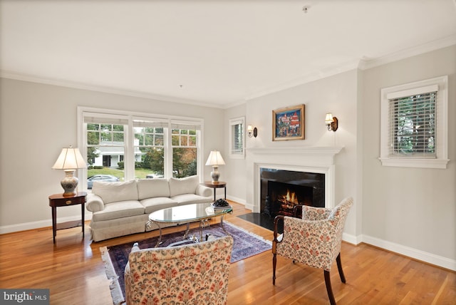 living room with light wood-type flooring and crown molding