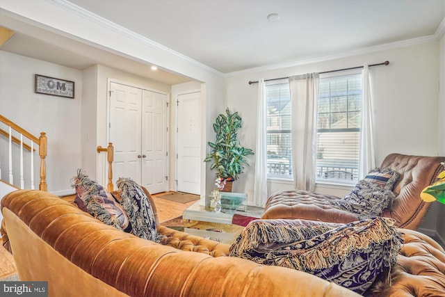 living room featuring hardwood / wood-style flooring and crown molding